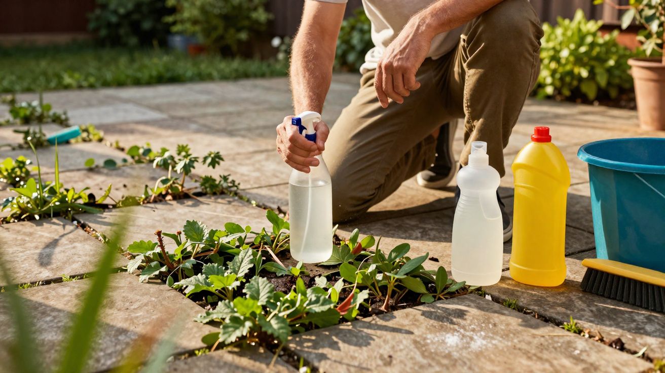 Pessoa a remover plantas daninhas entre pedras do chão com spray caseiro num jardim exterior.