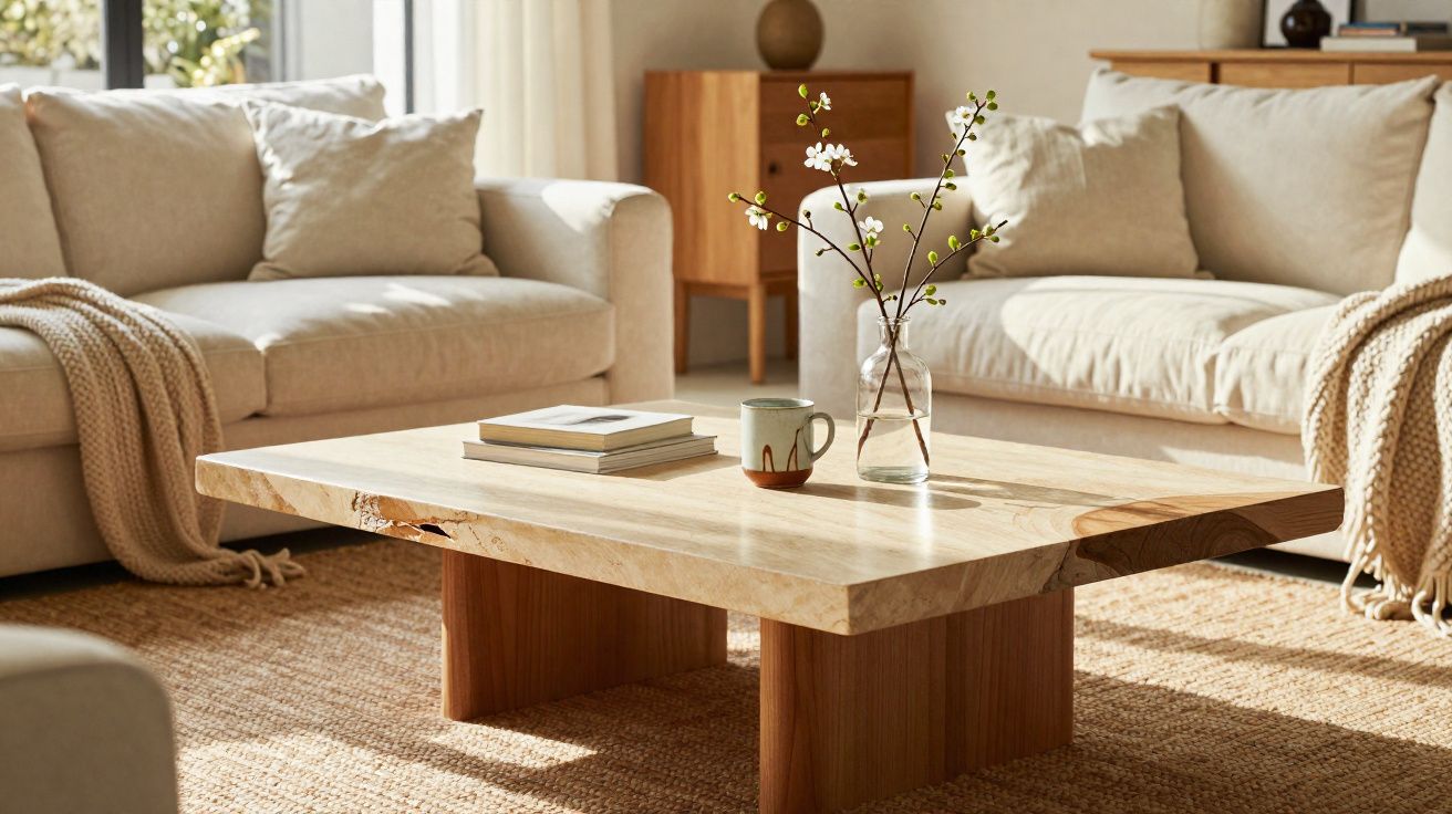 Sala de estar com sofá bege, manta, mesa de centro em madeira com vaso de flores e livros.