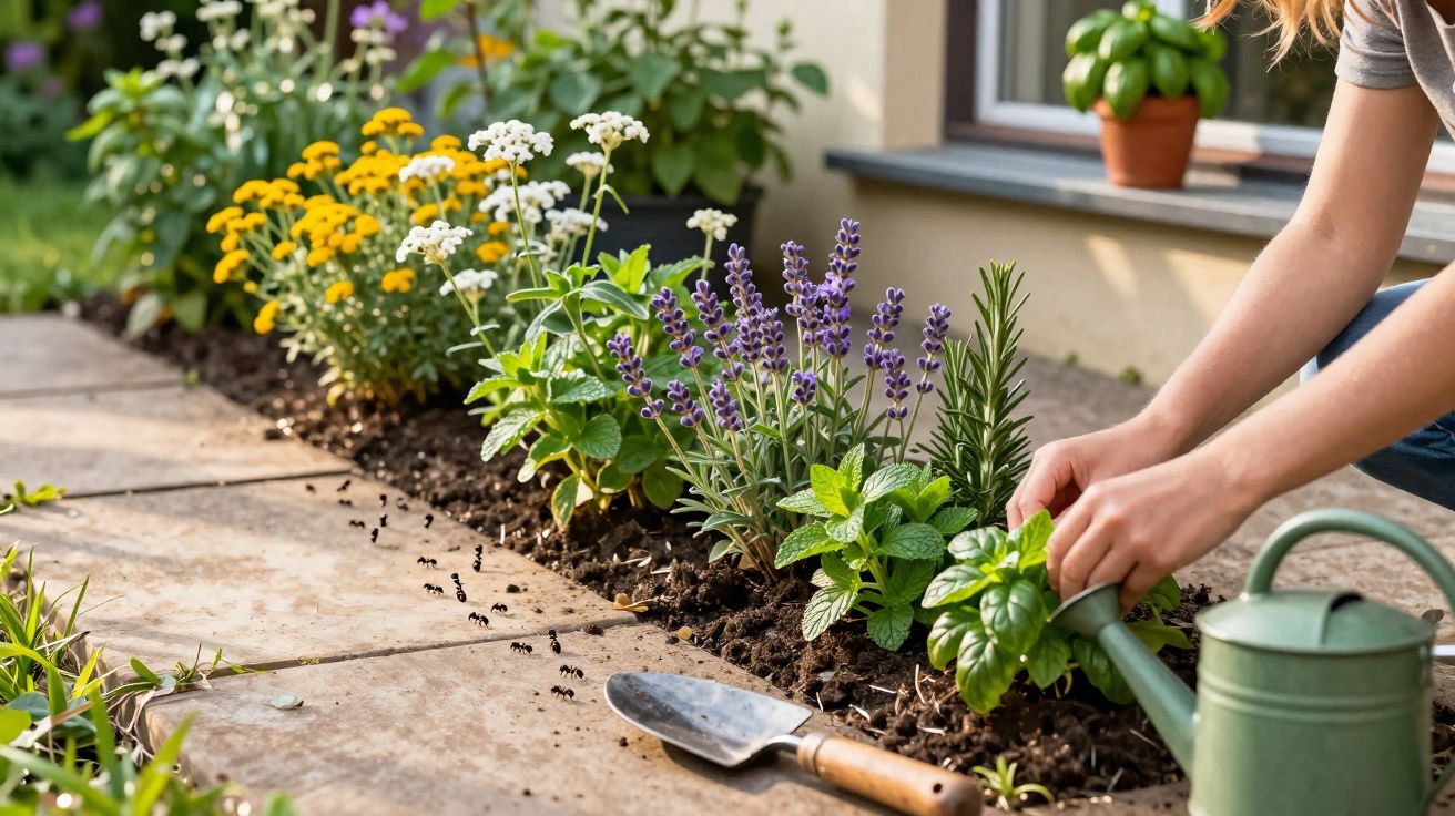 Pessoa a cuidar de plantas aromáticas num jardim, com formigas a caminhar no chão e regador verde ao lado.