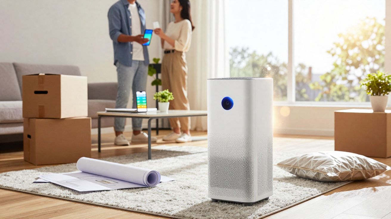 Purificador de ar branco no chão com pessoas e caixas na sala iluminada ao fundo.