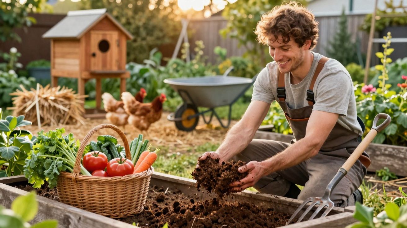 Homem a cultivar terra numa horta com cesta de legumes e galinhas ao fundo ao pôr do sol.