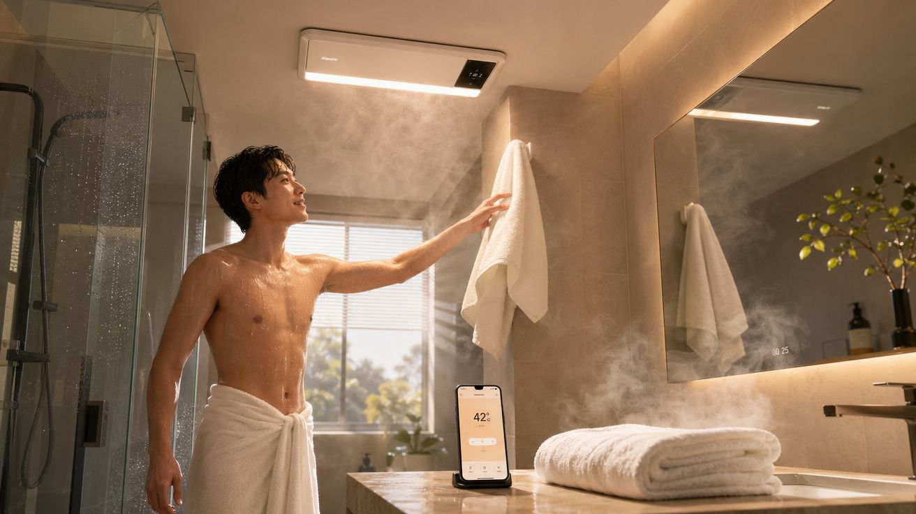 Homem com toalha a ajustar humidificador numa casa de banho moderna com vapor no ar.