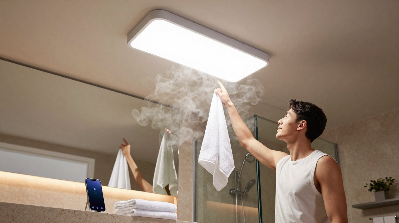 Homem em casa de banho a apagar fogo no teto com toalha branca.