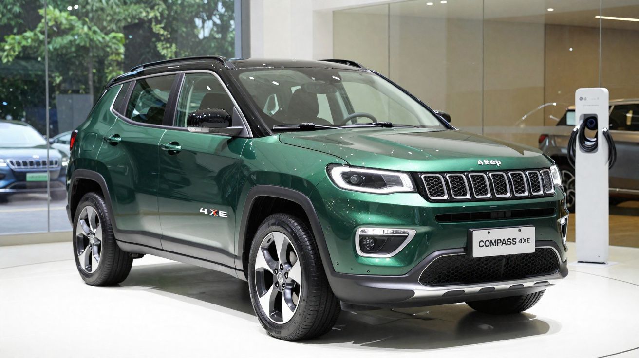 Carro elétrico Jeep Compass 4xe verde metálico em exposição interior, enfocado na frente e lado direito.