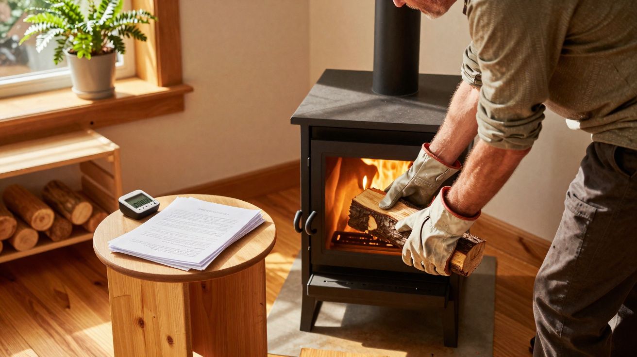 Pessoa a colocar lenha numa salamandra numa sala com chão e móveis de madeira.