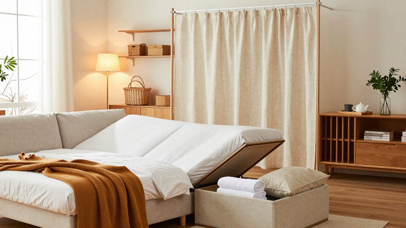 Sofá cama bege aberto em sala com manta castanha, cortina, candeeiro e móveis de madeira clara.