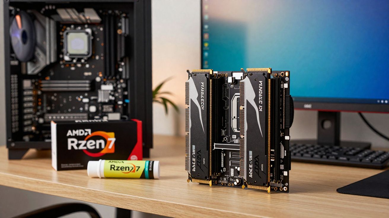 Memória RAM colocada em placa de circuito com caixa AMD Ryzen 7, CPU e ecrã num ambiente de escritório.