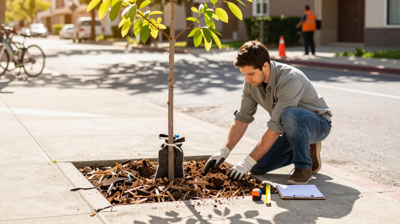 Homem a plantar uma árvore jovem numa calçada urbana, usando luvas e ferramentas de jardinagem.