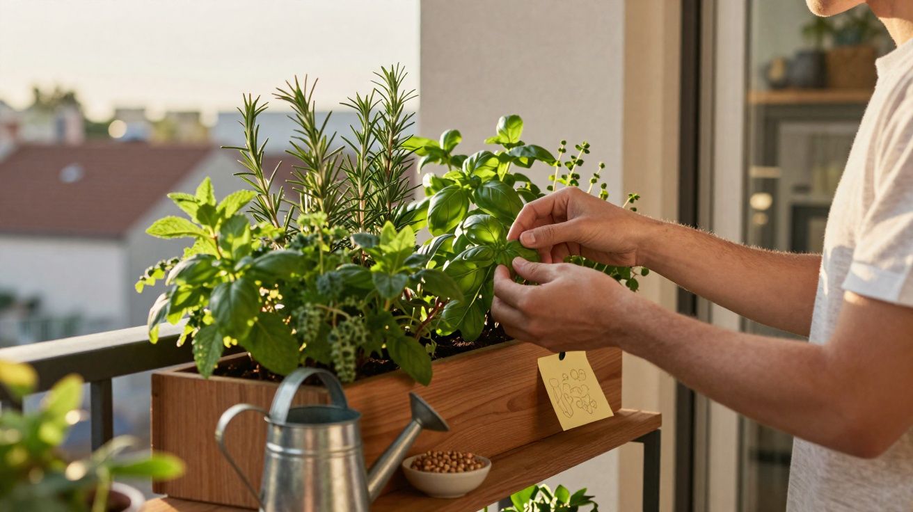 Pessoa a colher folhas de manjericão numa pequena horta urbana num vaso de madeira num terraço.
