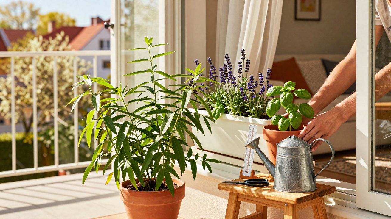 Mãos a cuidar de plantas aromáticas num vaso, regador metálico e termómetro numa varanda ensolarada.