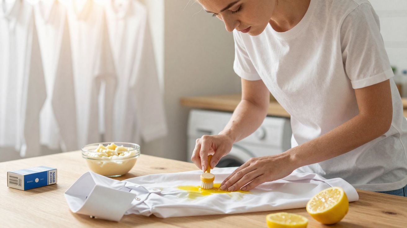 Pessoa a remover manchas de roupa branca com escova e limão numa mesa de madeira.