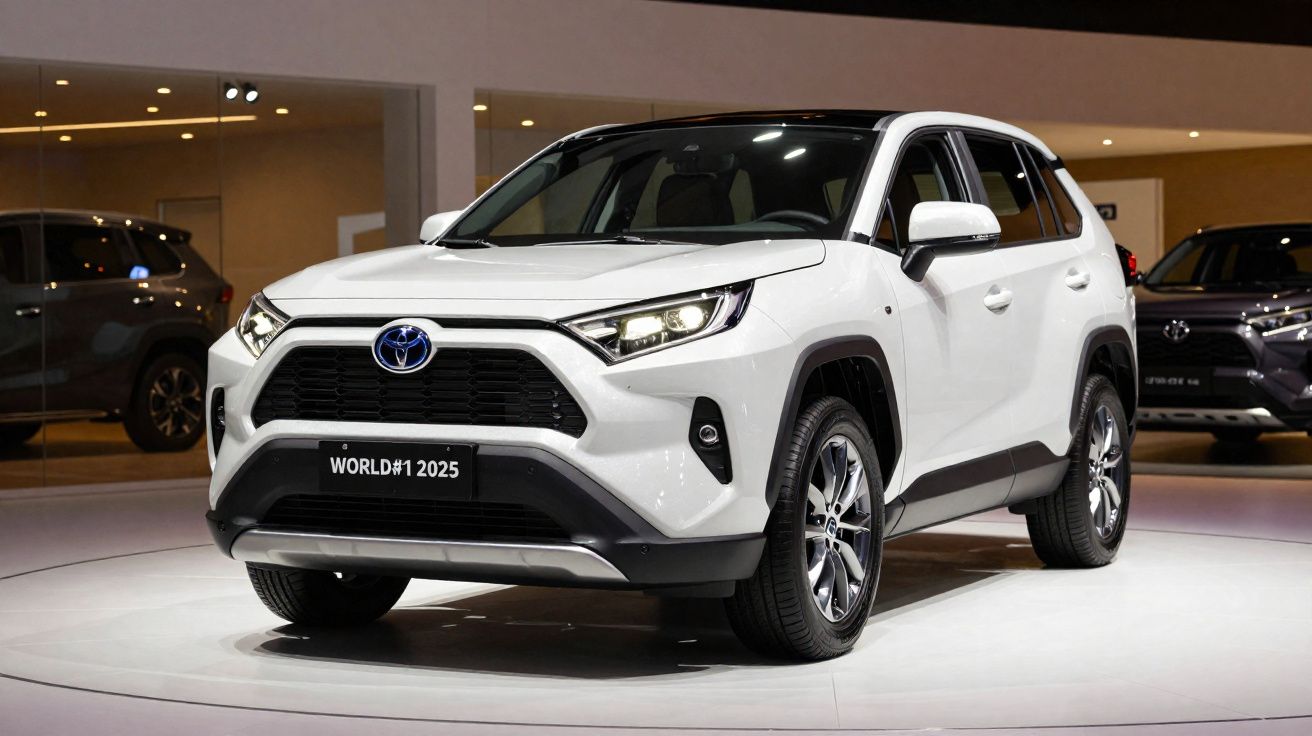 SUV Toyota cor branca exposto em salão automóvel com faróis ligados e placa "WORLD#1 2025"