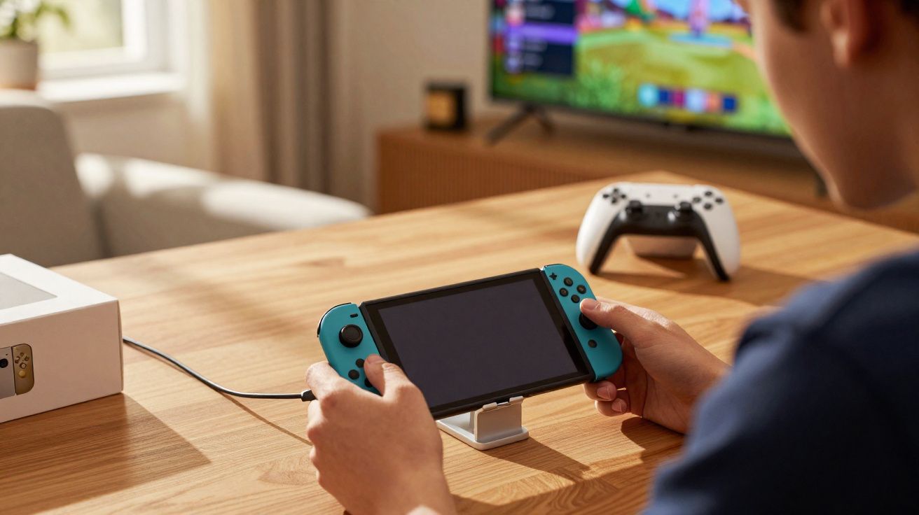 Pessoa a segurar consola portátil Nintendo Switch azul e a branco sobre mesa de madeira.