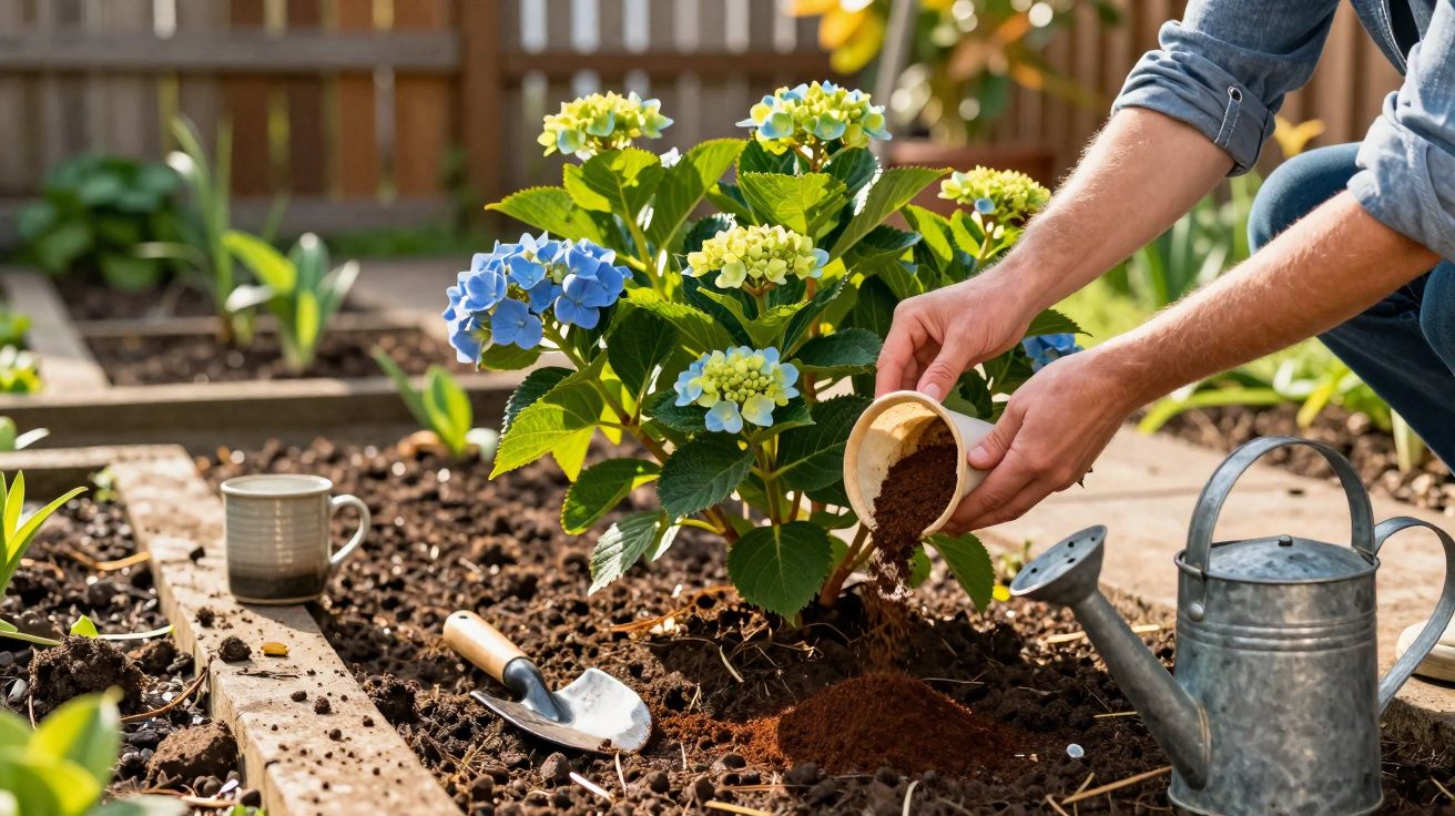 Pessoa a colocar fertilizante num arbusto de hortênsia azul num jardim com regador e pá ao lado.