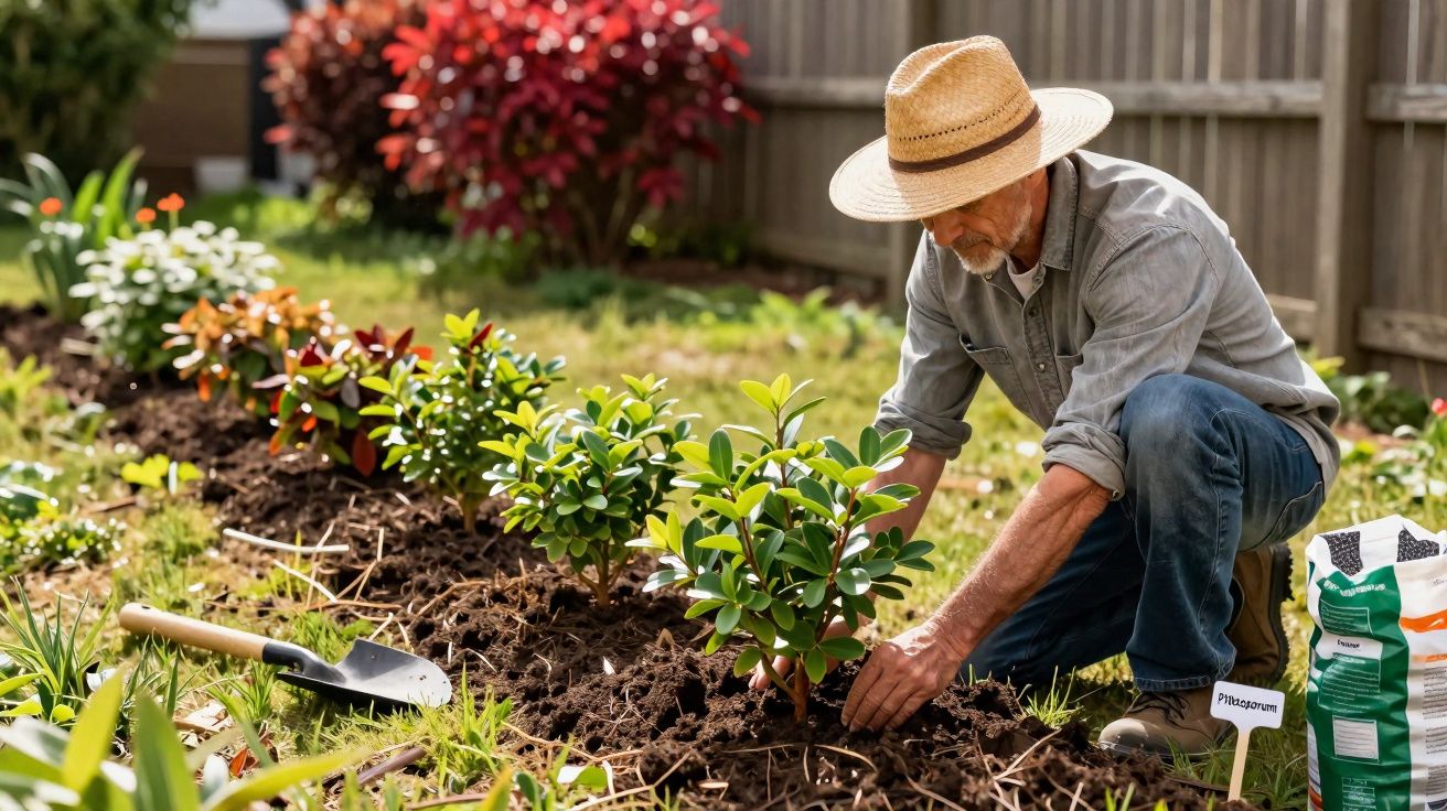 Homem idoso com chapéu a plantar arbustos num jardim ensolarado.