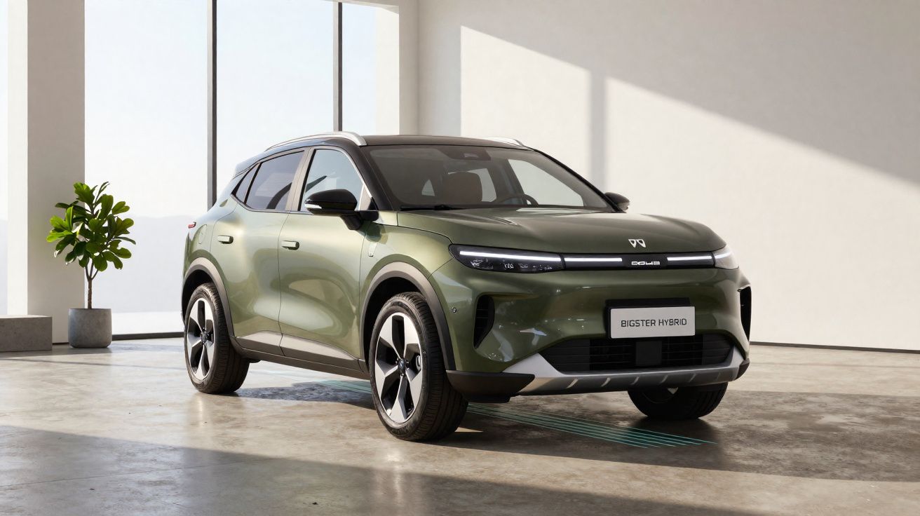 Carro SUV elétrico verde estacionado em espaço interior minimalista com planta próxima da janela grande.