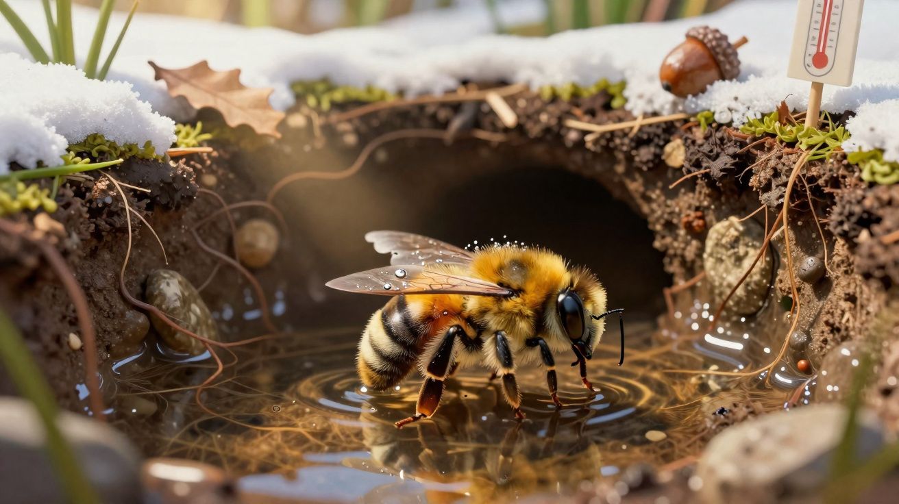 Abelha com gotas de água bebendo numa poça perto do solo com neve e folhas secas ao redor.
