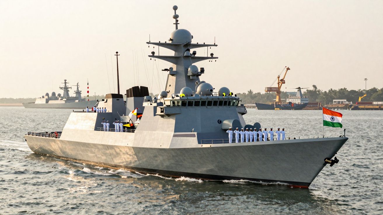 Navio militar cinzento com tripulação e bandeira da Índia no mar, com outro navio e cais ao fundo.