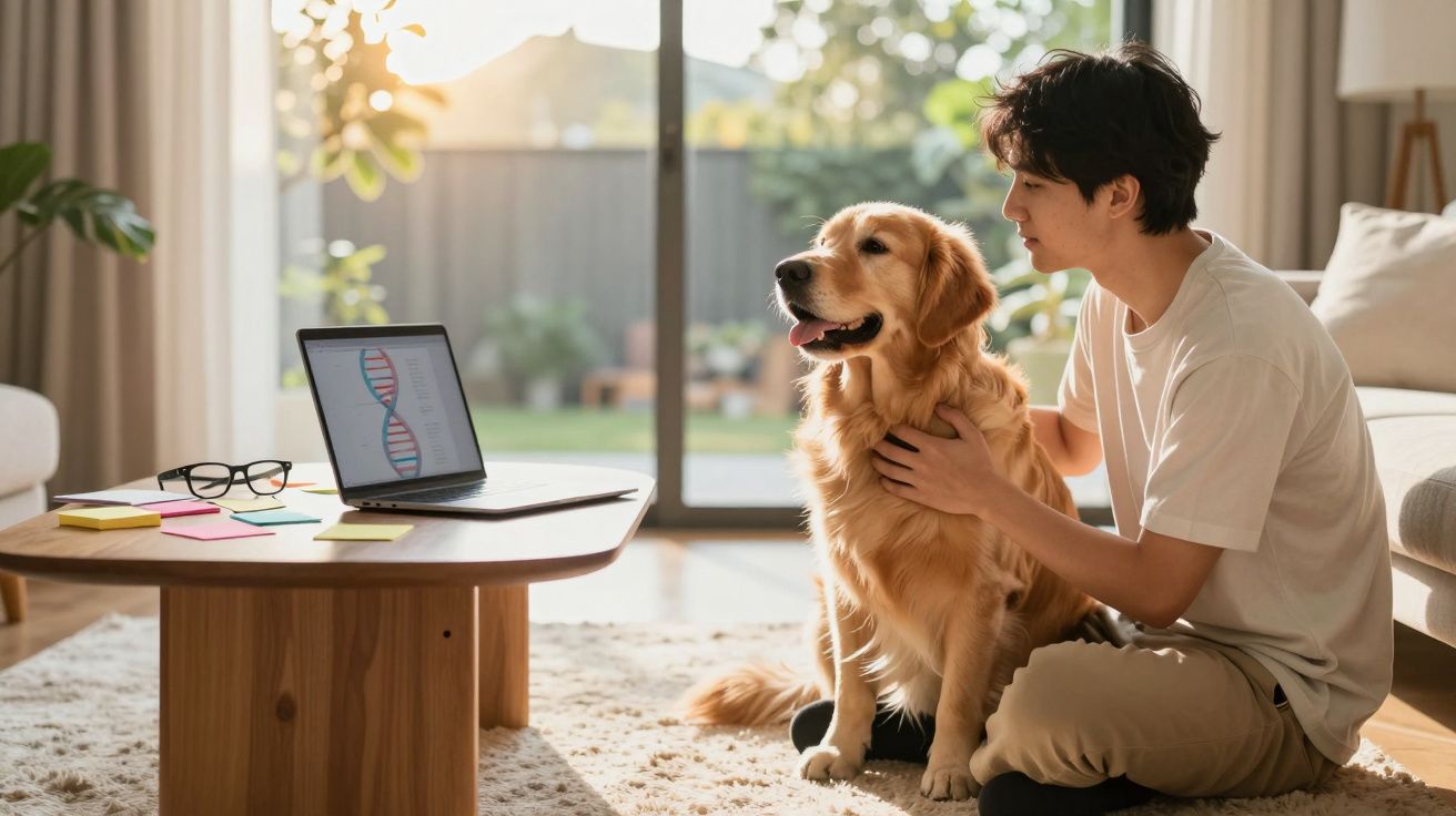 Homem sentado no chão a fazer carinho num cão golden retriever numa sala iluminada e com laptop numa mesa.