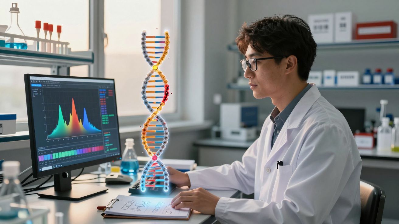 Cientista em laboratório analisa dados genéticos no computador com representação 3D de DNA entre eles.