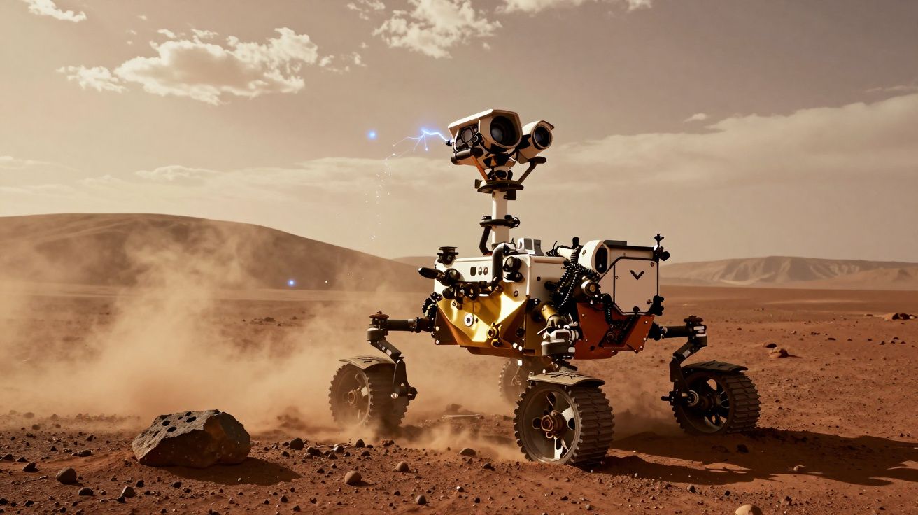 Rover explorando terreno árido e poeirento com céu nublado na paisagem marciana ao fundo.