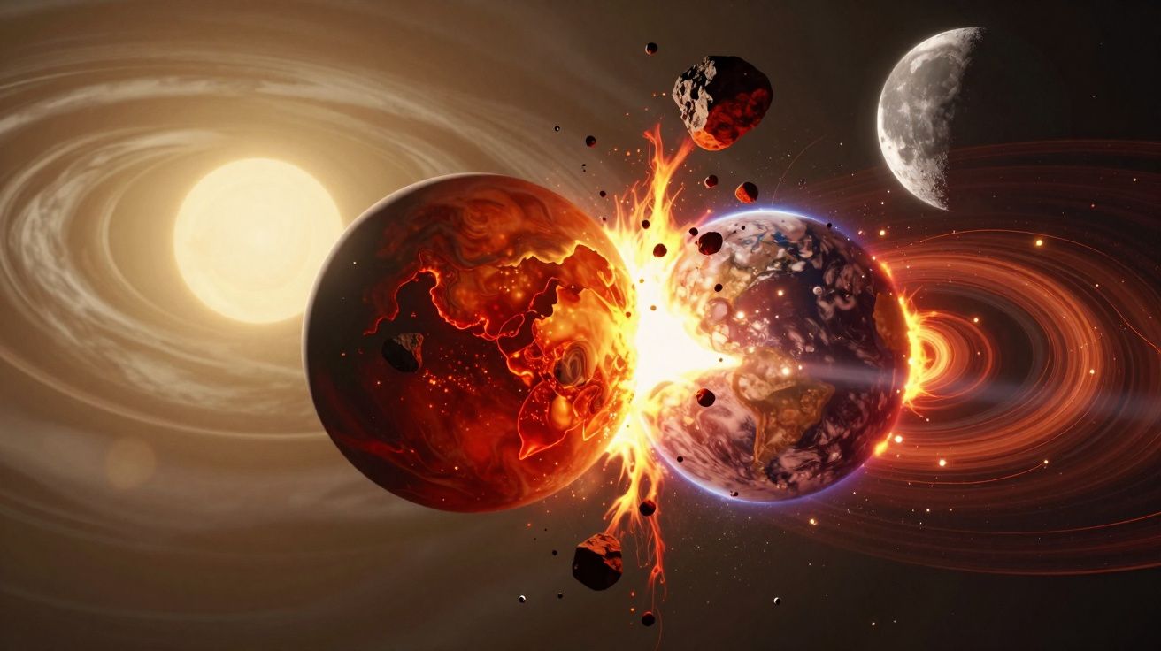 Colisão explosiva entre dois planetas com detritos espaciais e lua visível ao fundo.