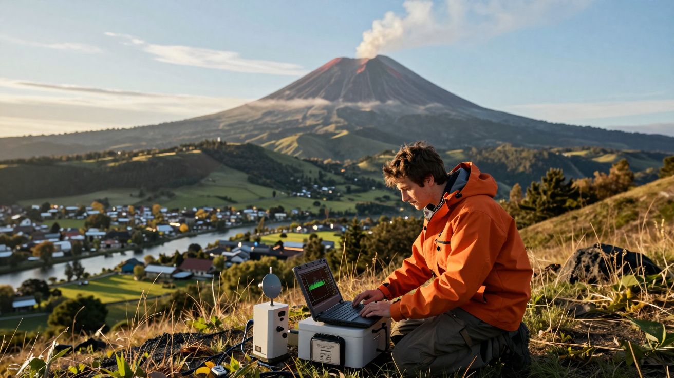Homem com casaco laranja usa computador portátil em encosta perto de vulcão ativo com fumo, aldeia ao fundo.