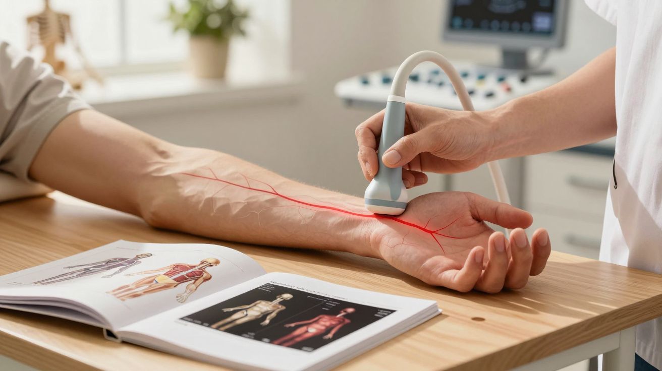 Médico a realizar ecografia na artéria do antebraço de um paciente num consultório clínico.