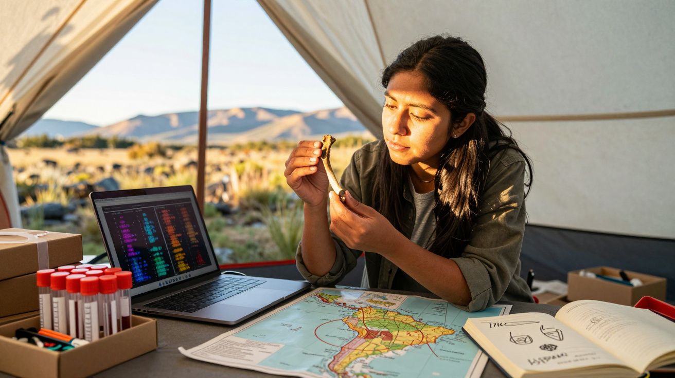 Mulher sentada numa tenda a estudar ossos, com mapa da América do Sul, laptop e material científico à sua volta.