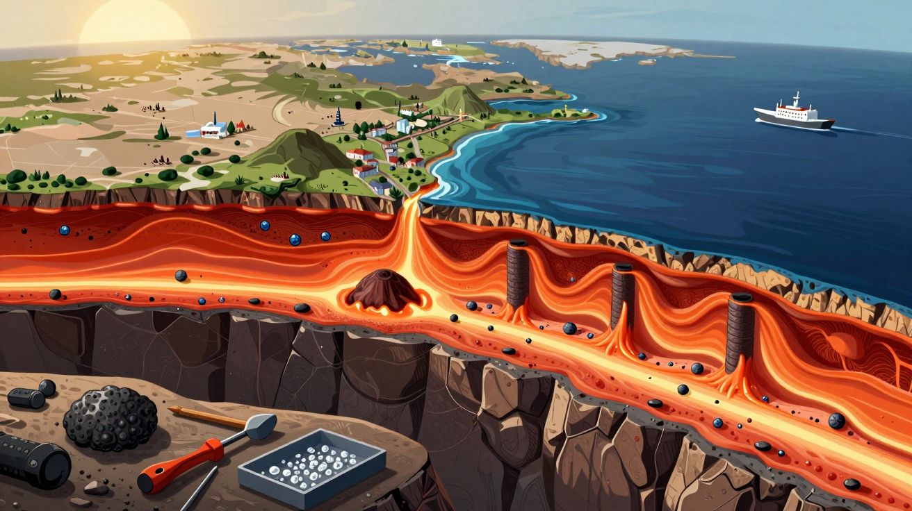 Ilustração do manto terrestre com lava a fluir, uma ilha e ferramentas de análise geológica à superfície.