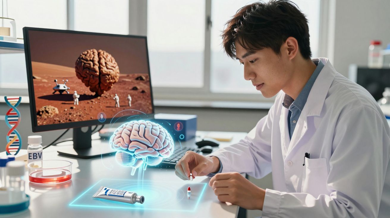 Cientista em laboratório observa holograma de cérebro com imagens e tubo em mesa.