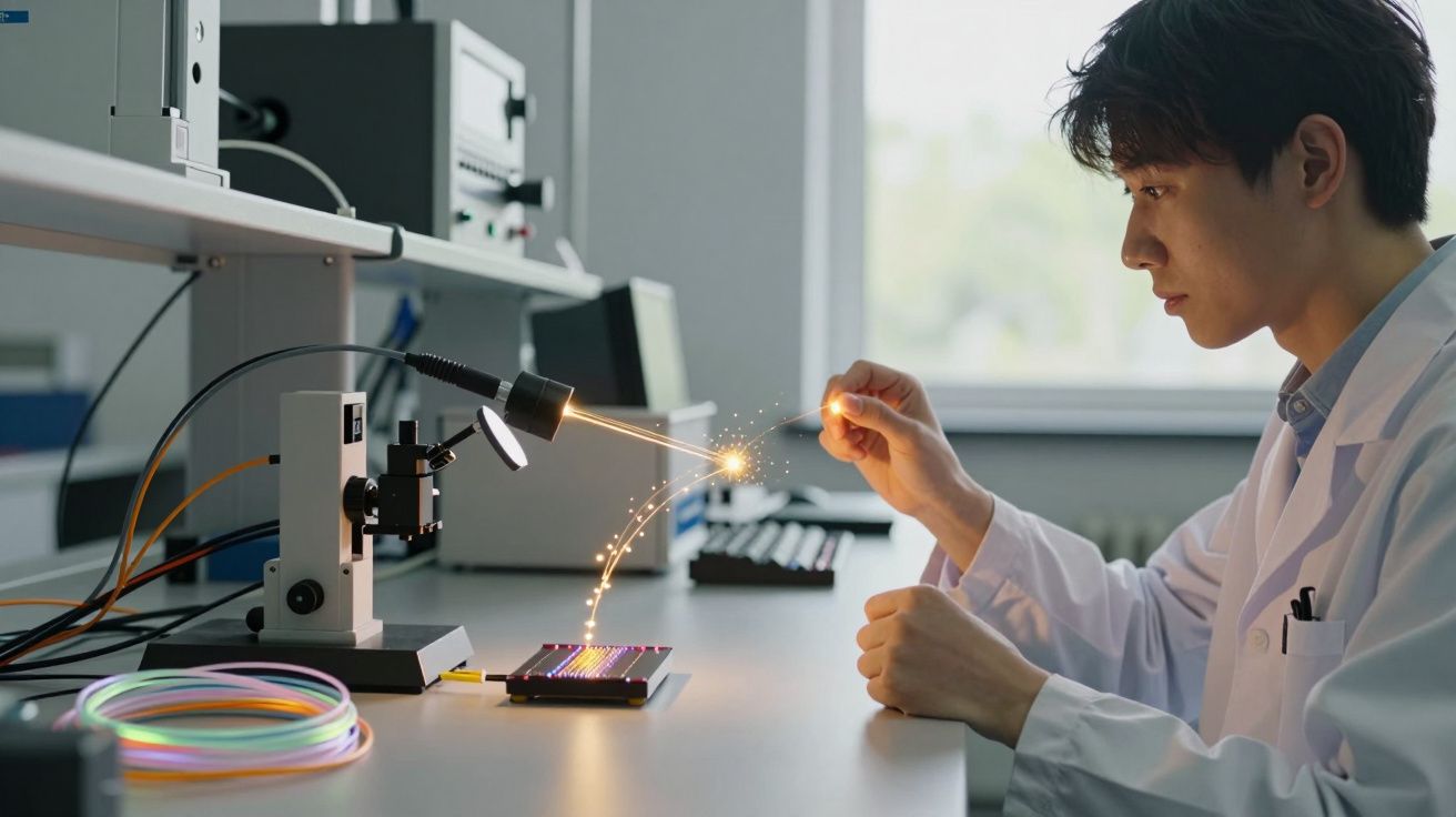 Cientista asiático em laboratório a manipular cabo de fibra ótica com equipamento técnico iluminado.
