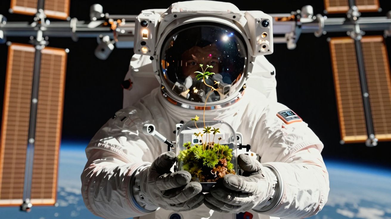 Astronauta no espaço segurando recipiente com plantas verdes ao fundo da Terra e estação espacial.