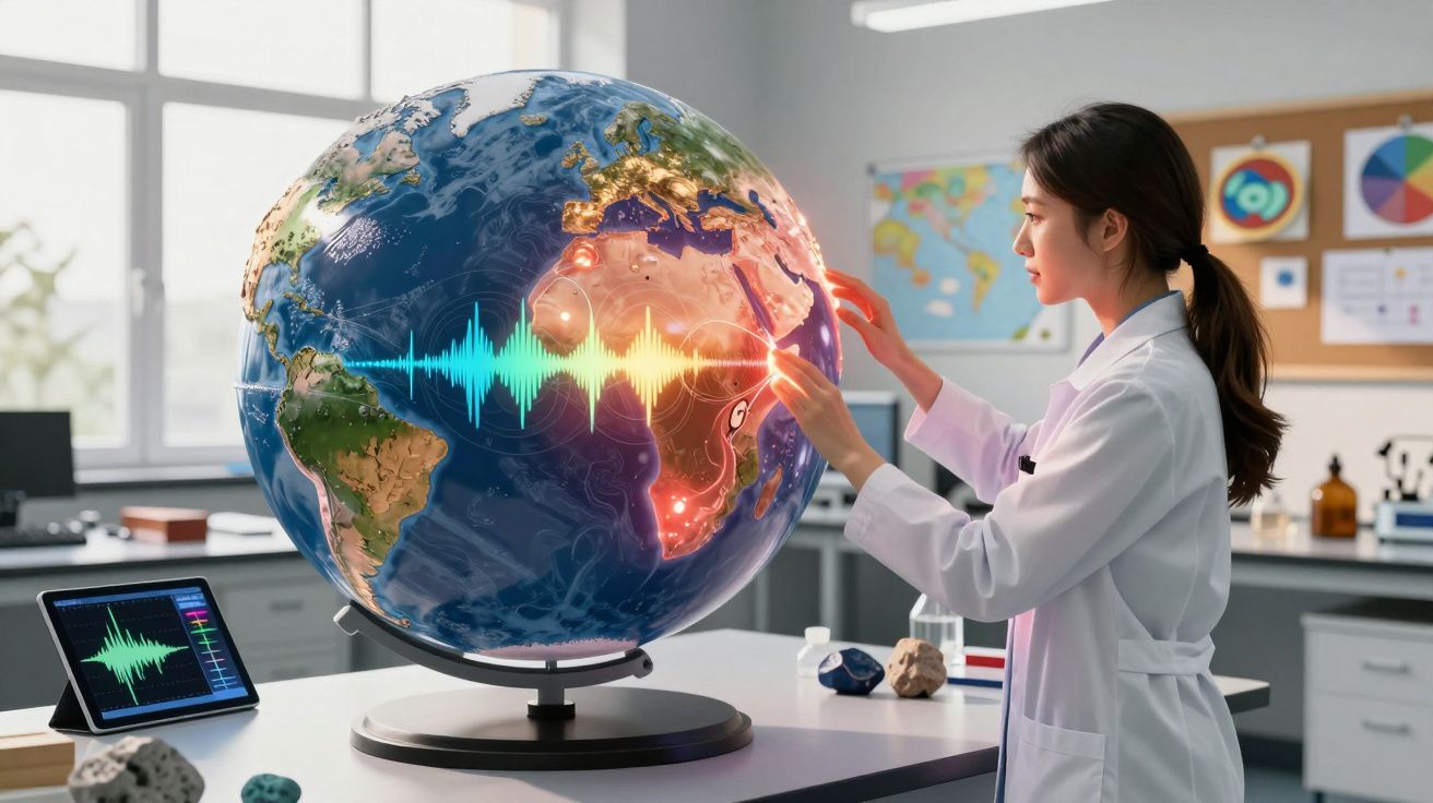 Mulher científica em laboratório interage com globo terrestre digital mostrando atividade sísmica.