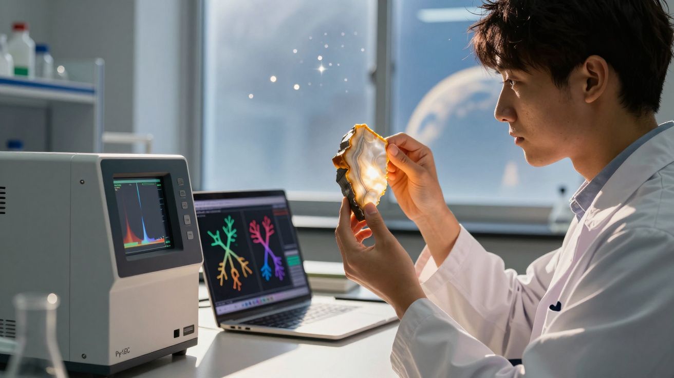 Cientista em laboratório examina fatia de mineral translúcido enquanto analisa dados no computador.