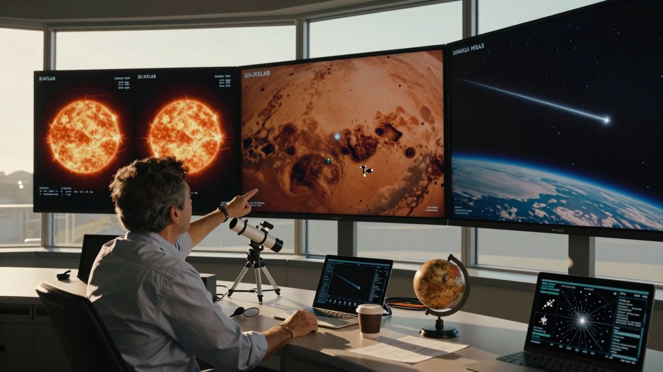 Homem a analisar imagens espaciais em três ecrãs grandes numa sala com janelas panorâmicas.