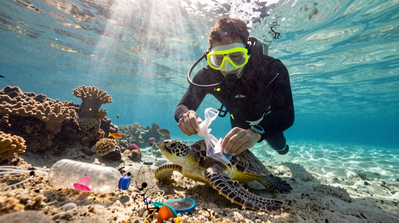 Mergulhador a remover plástico de tartaruga presa em fundo marinho com corais e lixo subaquático.