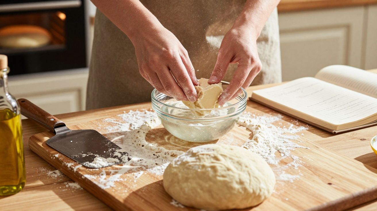 Mãos a partir manteiga em pedaços numa tigela, com massa e utensílios de cozinha numa tábua de madeira.