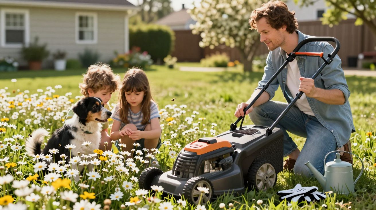 Homem a cortar relva com máquina enquanto duas crianças e um cão olham flores num jardim ensolarado.