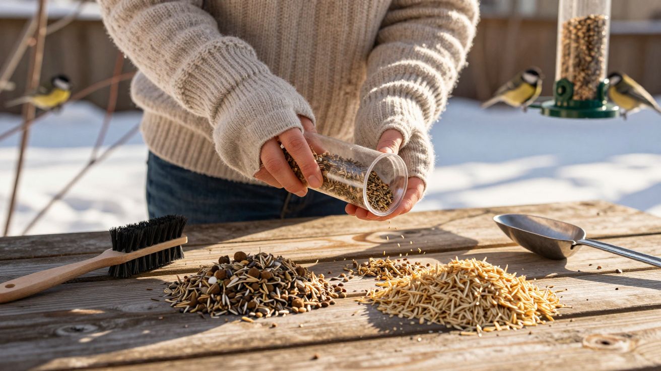 Pessoa a encher comedouro para pássaros com sementes numa mesa de madeira ao ar livre, com neve ao fundo.