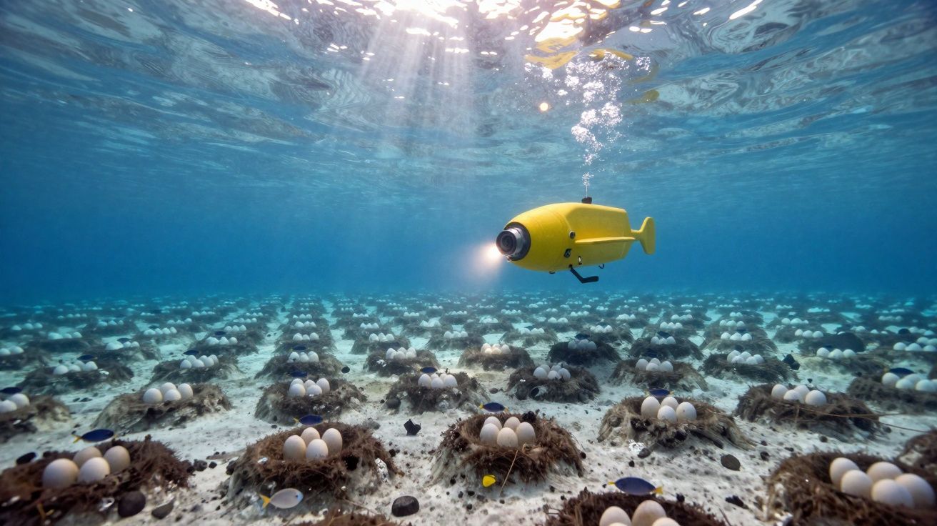 Veículo subaquático amarelo ilumina vários ninhos de ovos no fundo do mar.