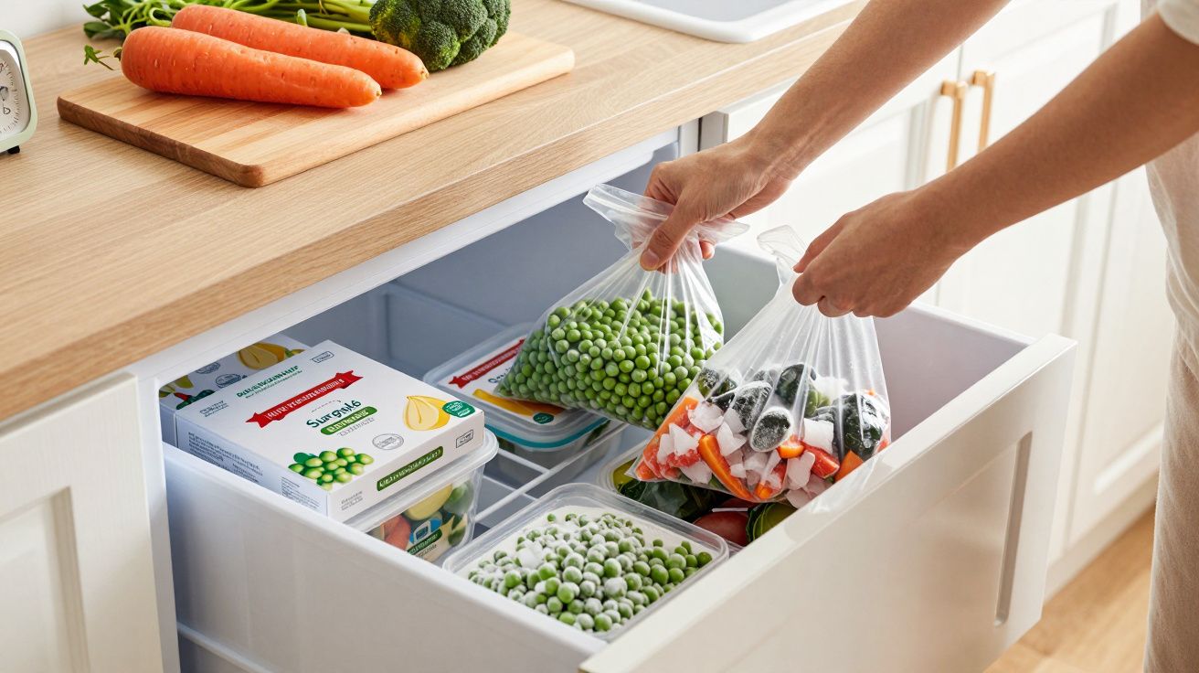 Mãos guardam sacos com ervilhas e sushi congelados num congelador, com cenouras e brócolos na bancada.