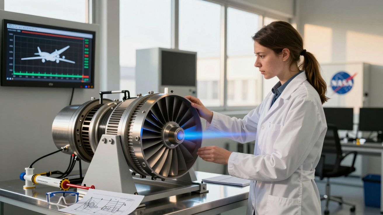 Engenheira de aviões analisa motor a jato em laboratório moderno com gráficos técnicos na parede.