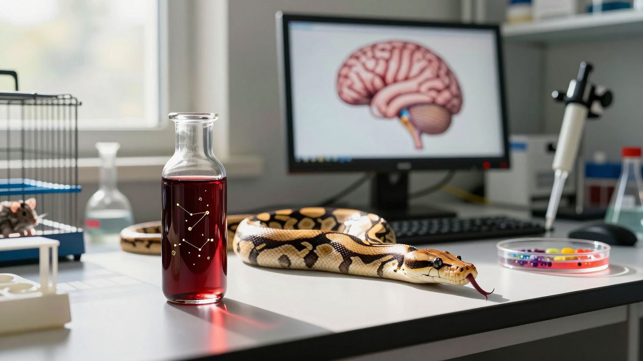 Cobra sobre mesa de laboratório com vidro de líquido vermelho e monitor com imagem de cérebro ao fundo.