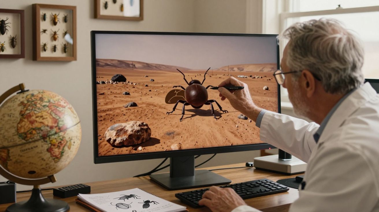 Homem idoso a desenhar um inseto gigante numa paisagem desértica num ecrã de computador.