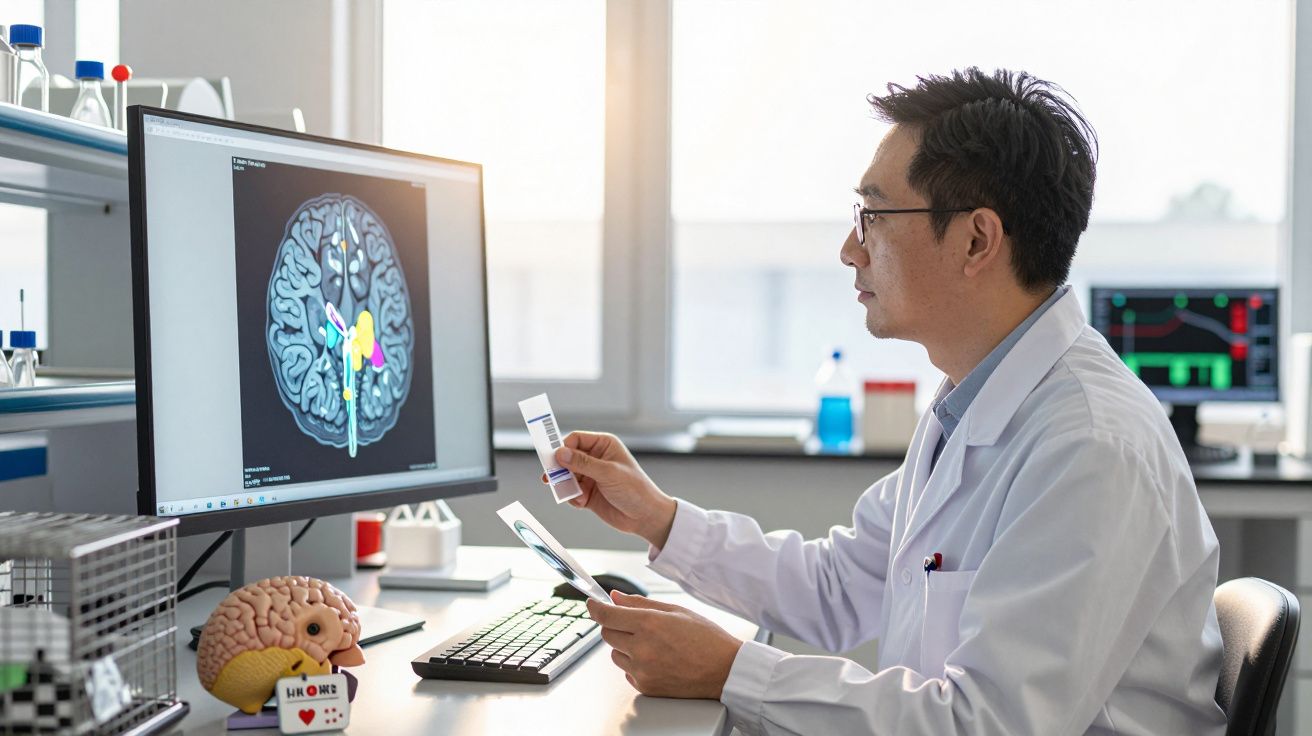 Cientista em bata branca a analisar imagens cerebrais num computador num laboratório moderno.