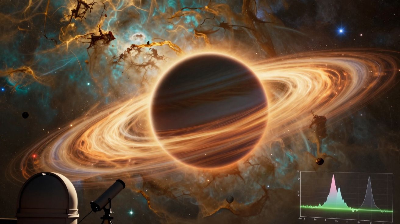 Planeta com anéis brilhantes no espaço com observatório e telescópio em primeiro plano.