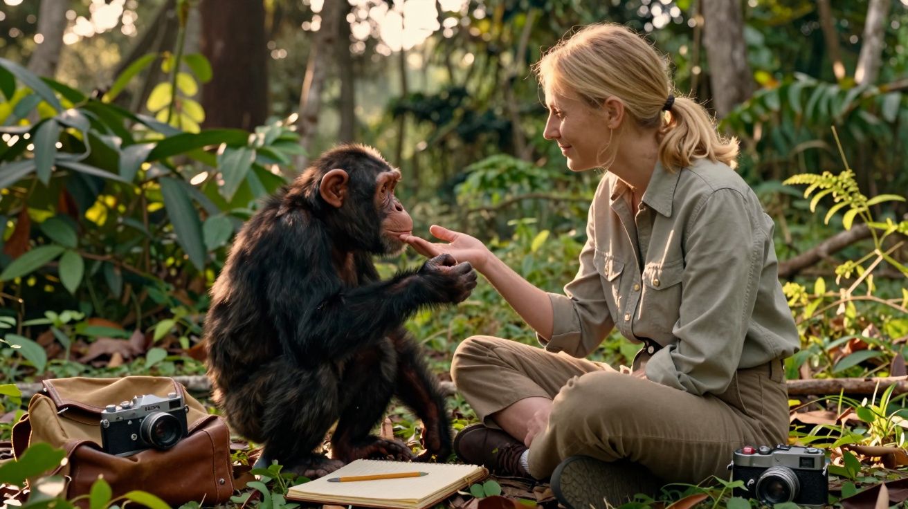 Mulher sentada na floresta interage gentilmente com chimpanzé, rodeada de cadernos e câmaras fotográficas.