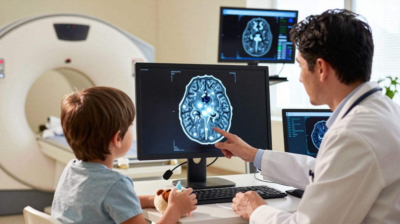 Médico explica a um menino os resultados de uma ressonância cerebral num ecrã, numa sala de exames.