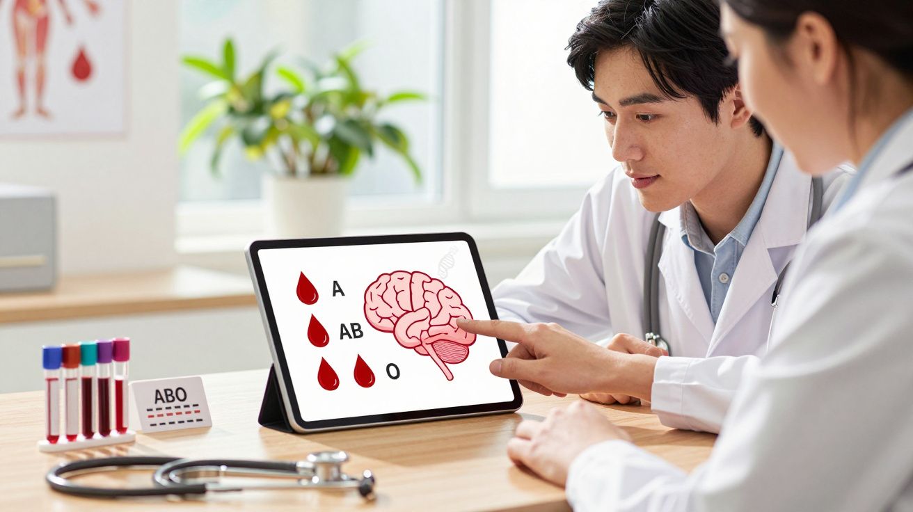 Dois médicos a analisar grupos sanguíneos relacionados com o cérebro numa tablet numa consulta.